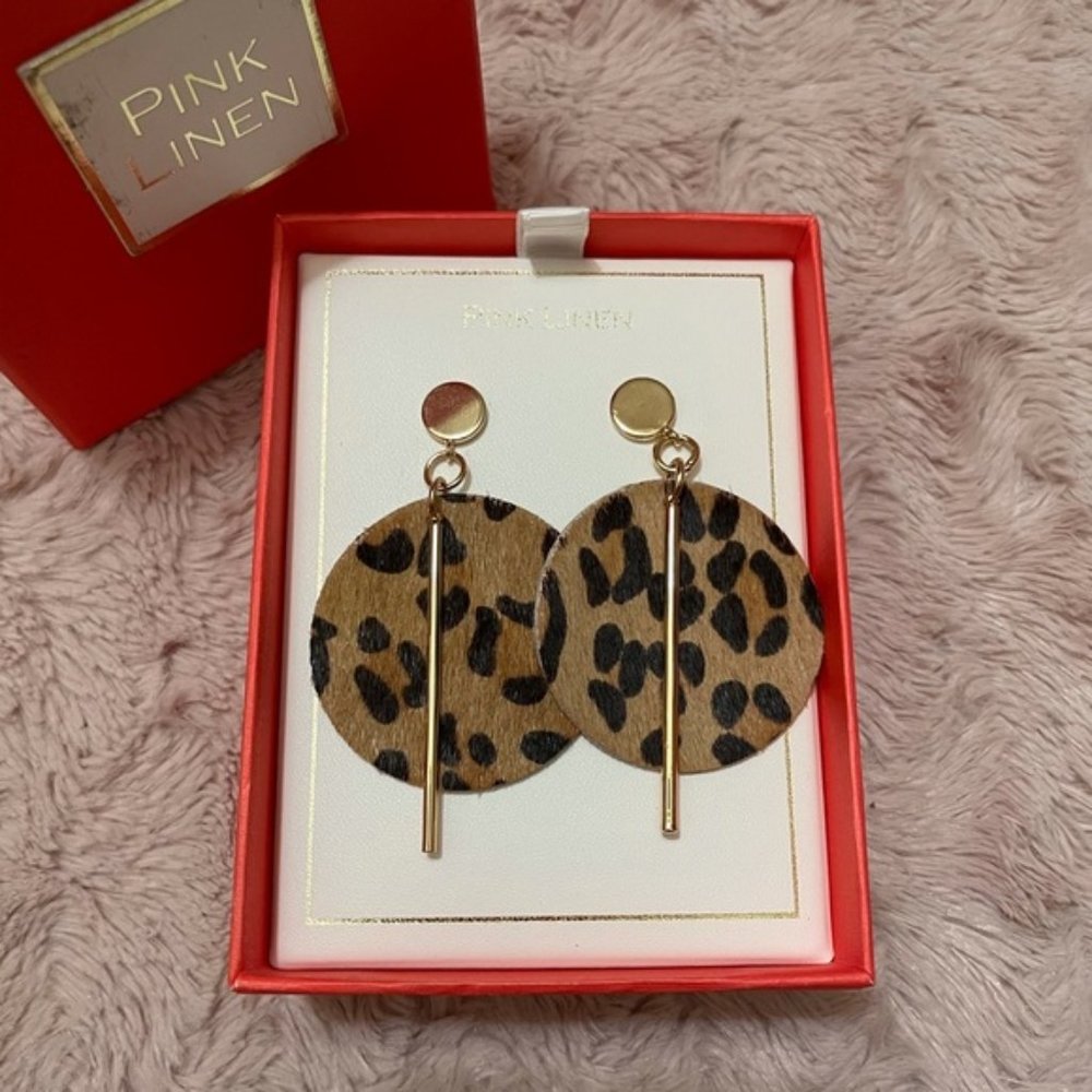 New!! Pink Linen Leopard Circle Earrings